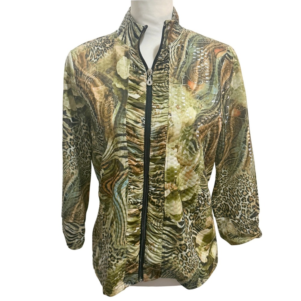 Erin London Zip Up Jacket M Green Animal Print Eclectic Maximalist Grannycore